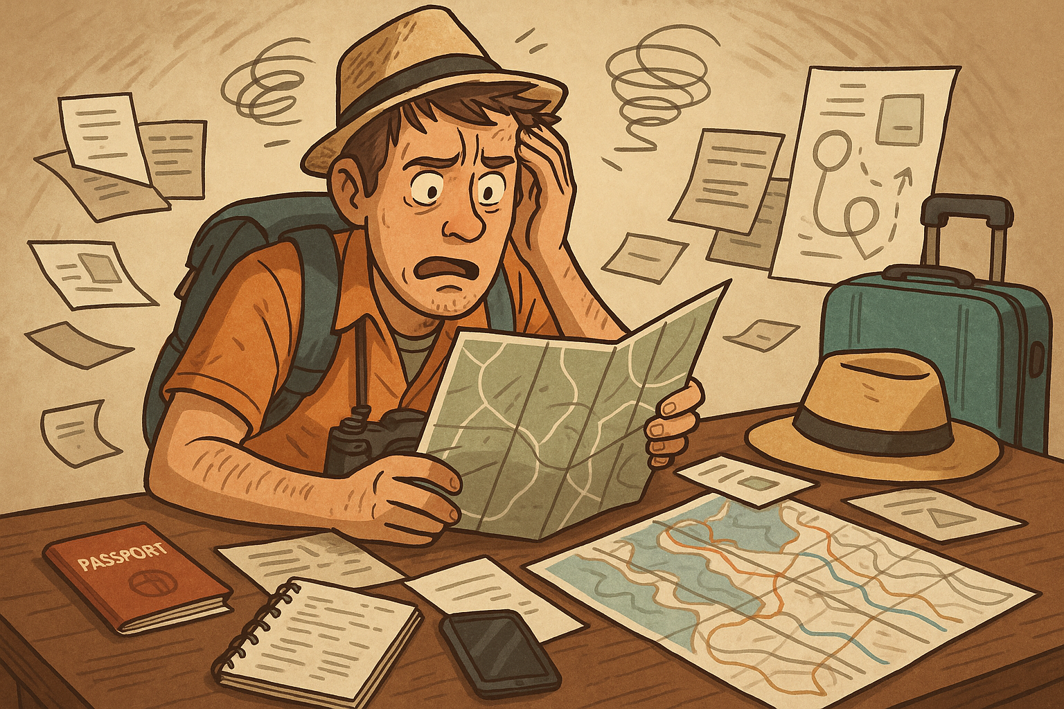 Turista confuso com mapas e documentos